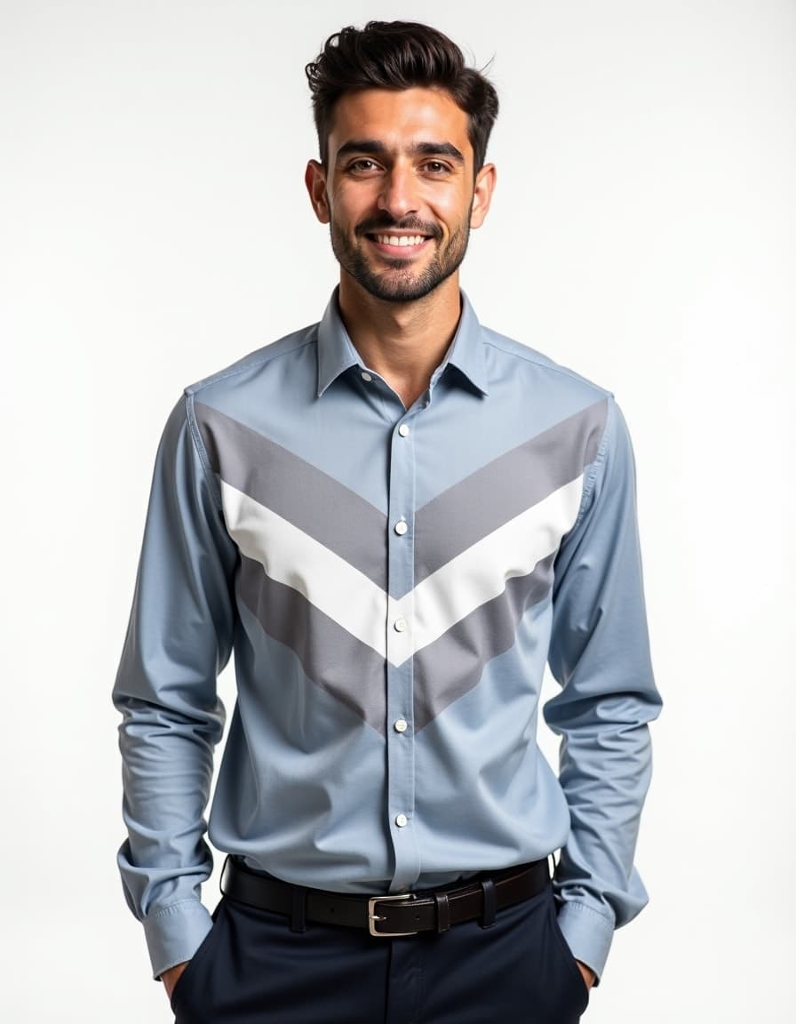 A model wearing a light blue button-up shirt with grey and white chevron pattern across the chest, paired with navy dress pants and a black belt, hands in pockets, against a white background