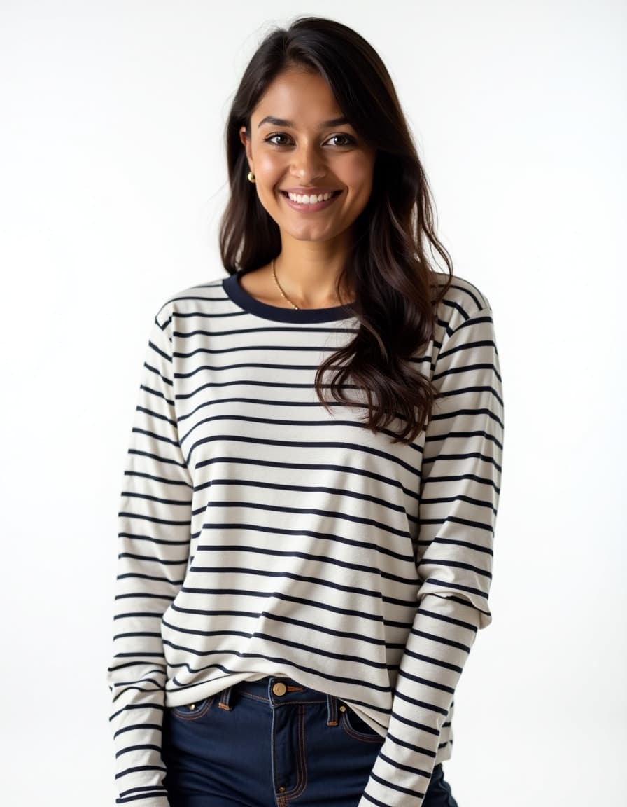 A model wearing a white and navy striped long sleeve shirt with a crew neck, paired with dark jeans, against a white background