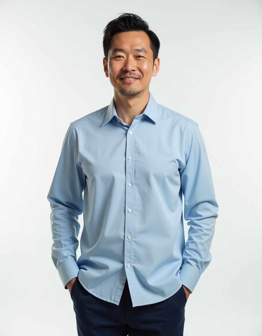 A model wearing a light blue button-up dress shirt with a classic collar, paired with navy pants and hands in pockets, against a white background