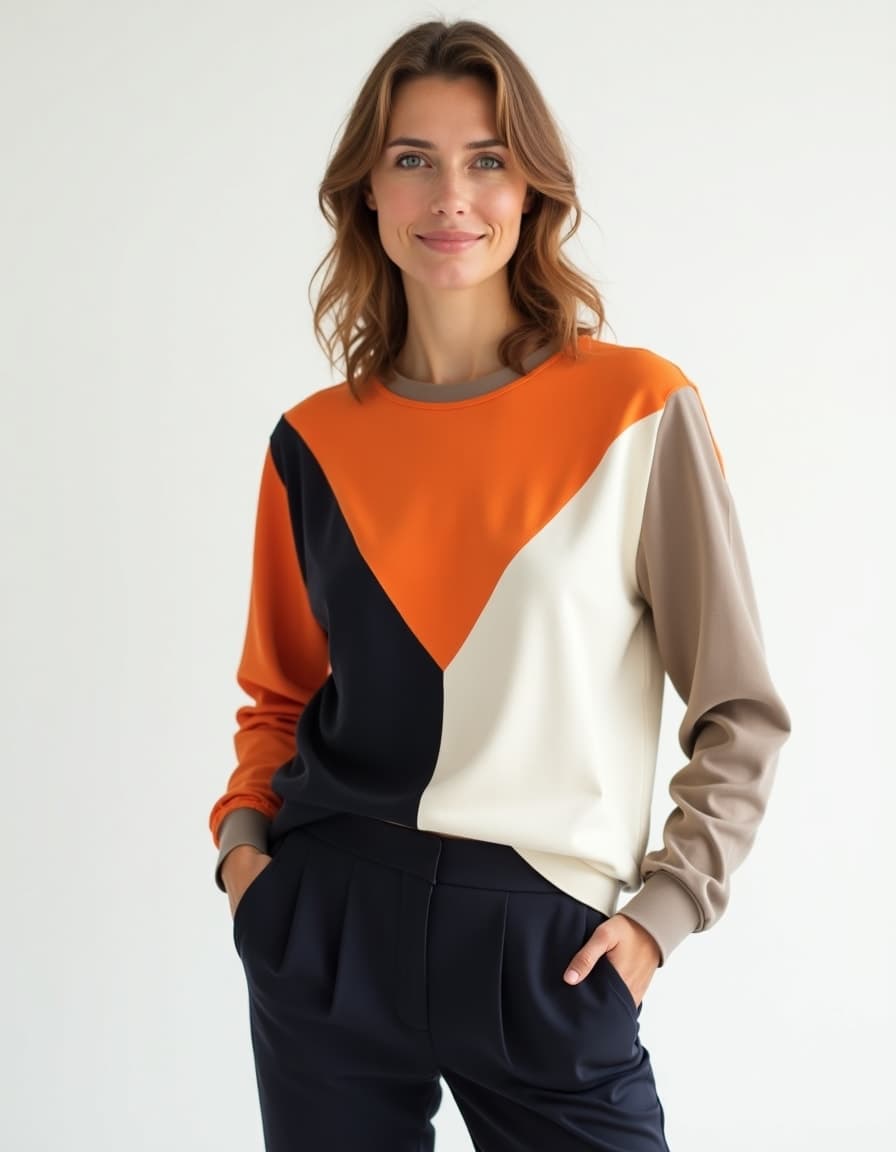 A model wearing a color-block long sleeve shirt with orange, black, white and beige geometric sections, paired with navy blue pleated pants and hands in pockets, against a white background