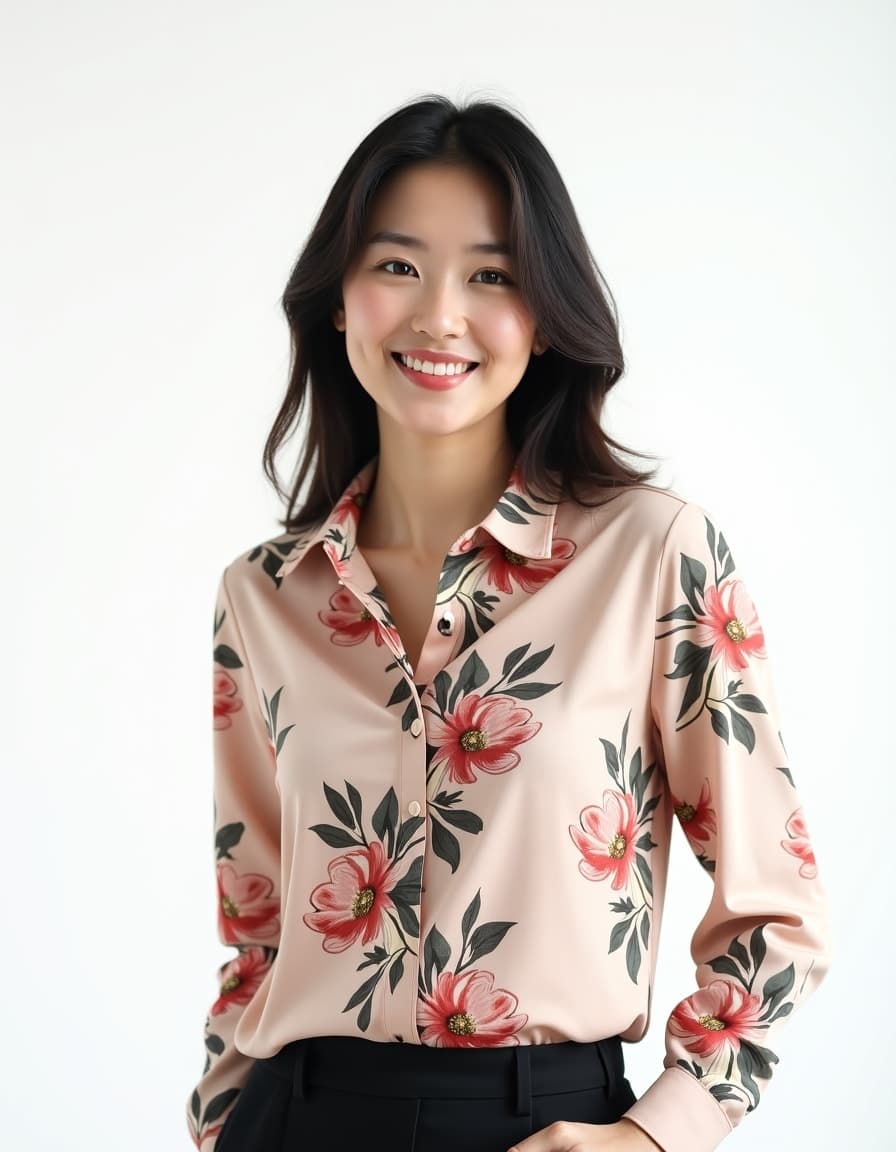 A model wearing a beige button-up blouse with pink floral and green leaf pattern, paired with black dress pants against a white background