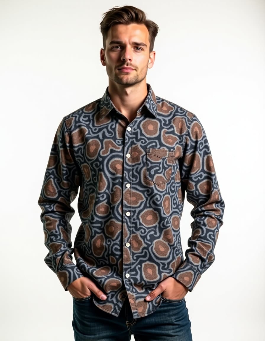 A model wearing a grey and brown patterned long sleeve button-up shirt with abstract organic shapes, paired with dark jeans, hands in pockets, against a white background