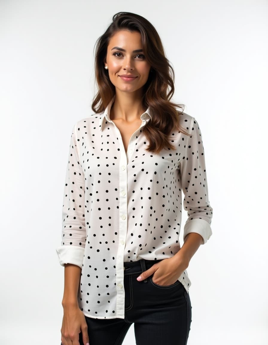 A model wearing a white button-up blouse with black polka dots, rolled sleeves, paired with dark jeans and one hand in pocket, against a white background