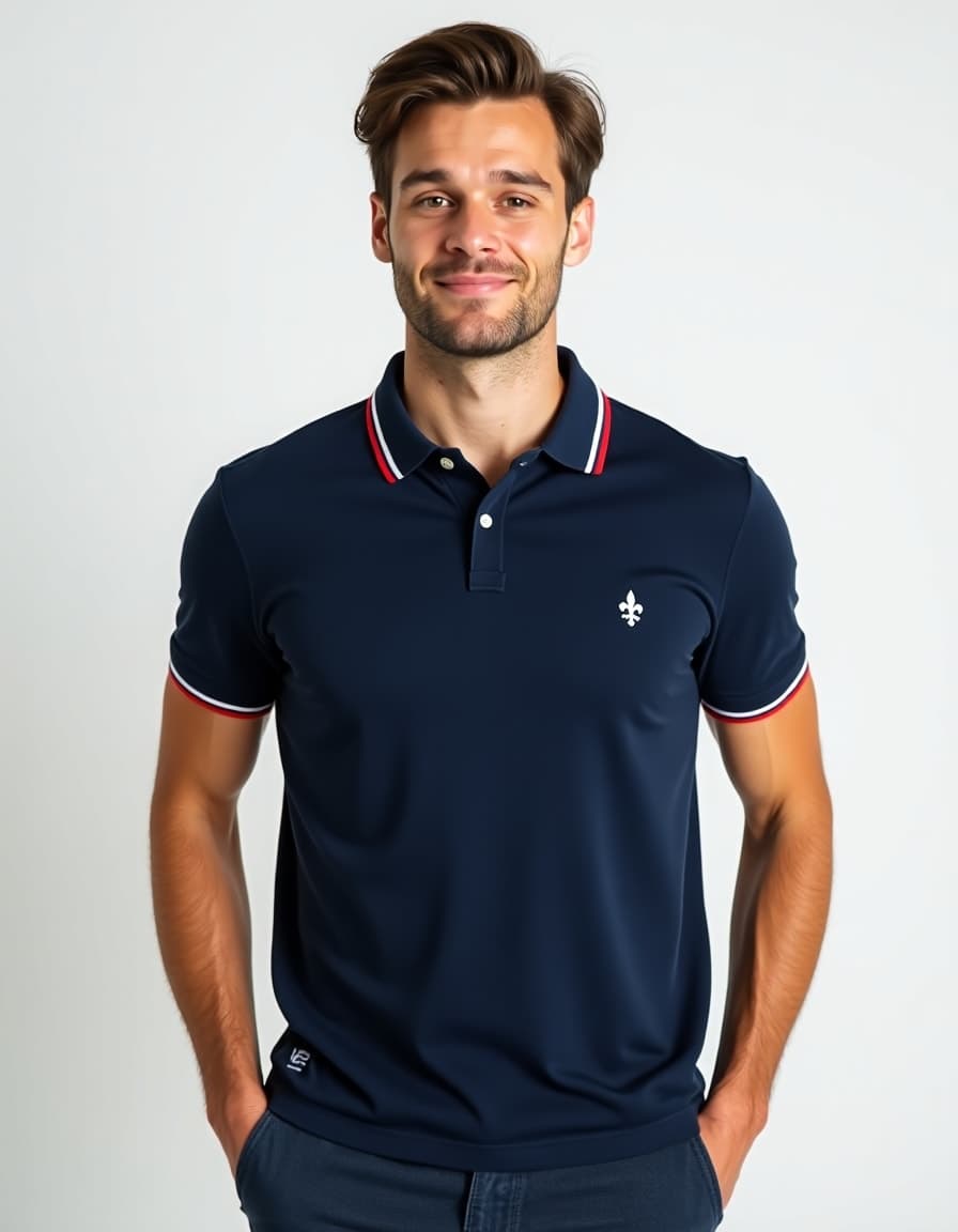 A model wearing a navy blue polo shirt with red and white striped trim and a fleur-de-lis logo against a white background