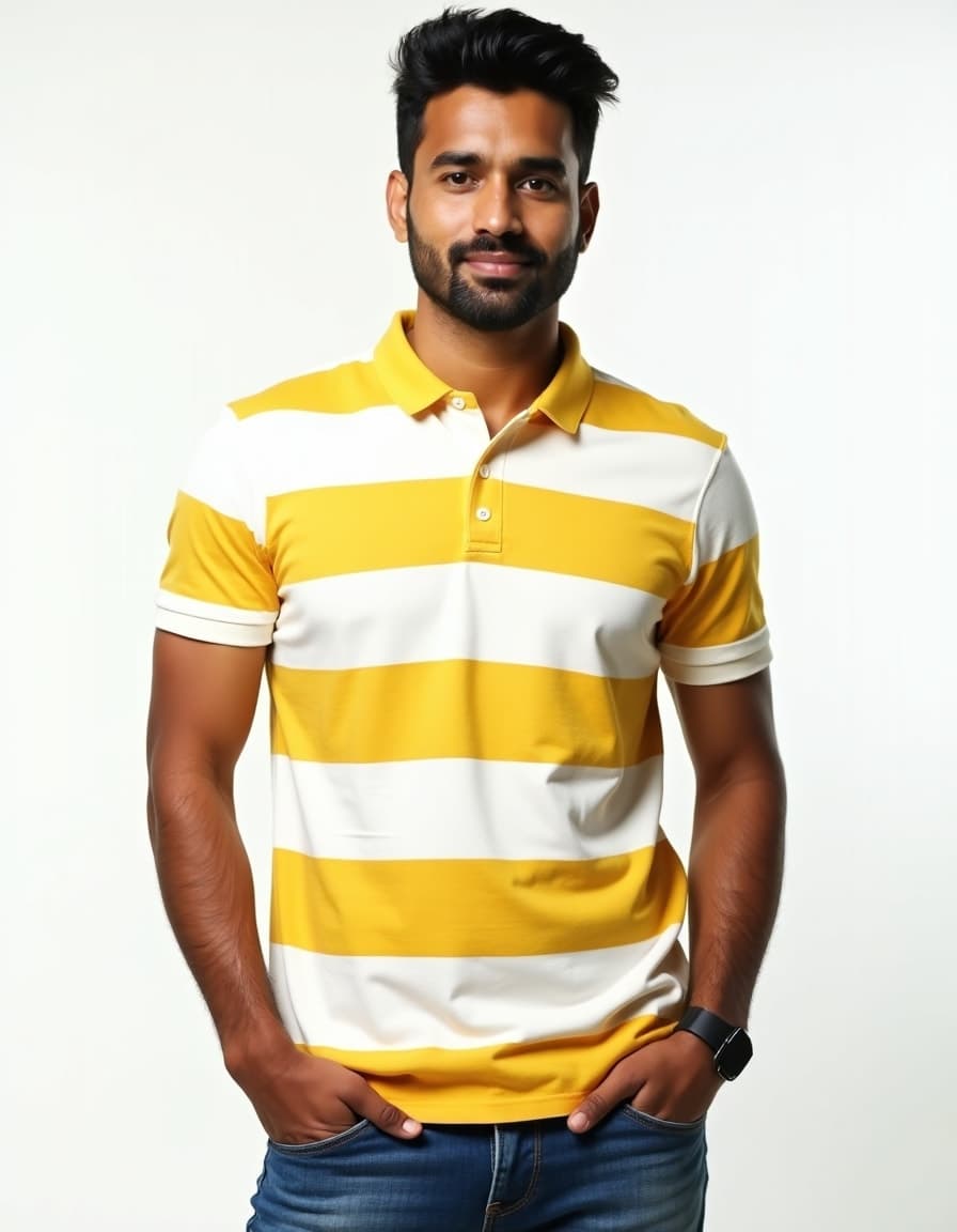 A model wearing a striped polo shirt with yellow and white horizontal pattern against a white background"