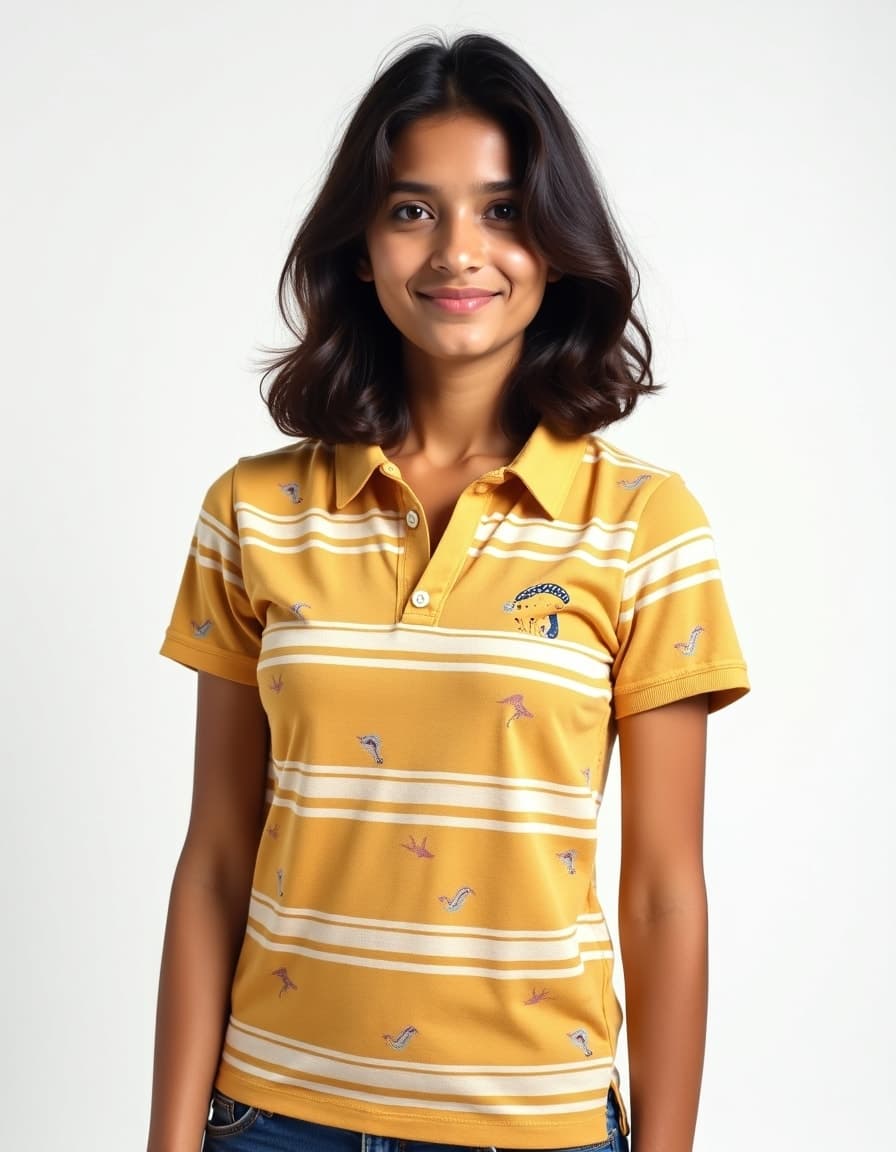 A model wearing a yellow polo shirt with white horizontal stripes and small bird pattern designs against a white background