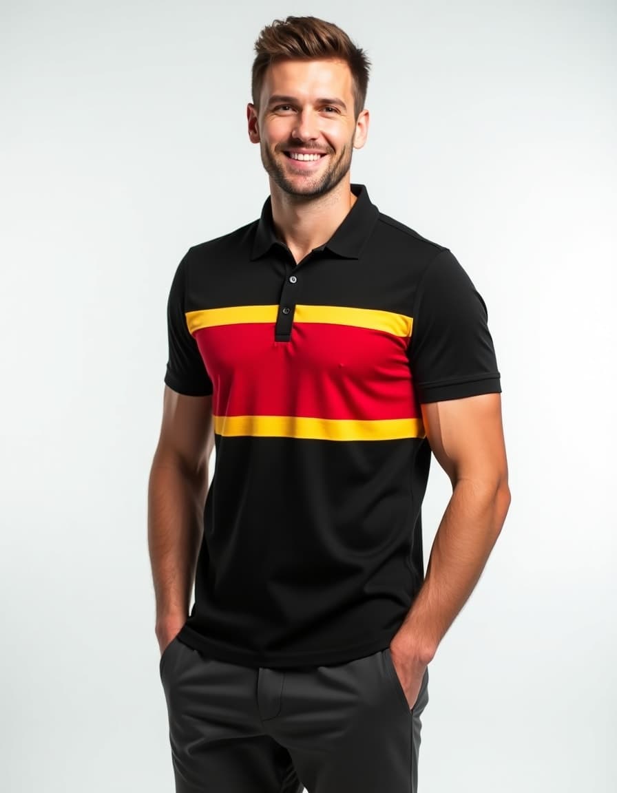 A model wearing a black polo shirt with red and yellow horizontal stripes against a white background