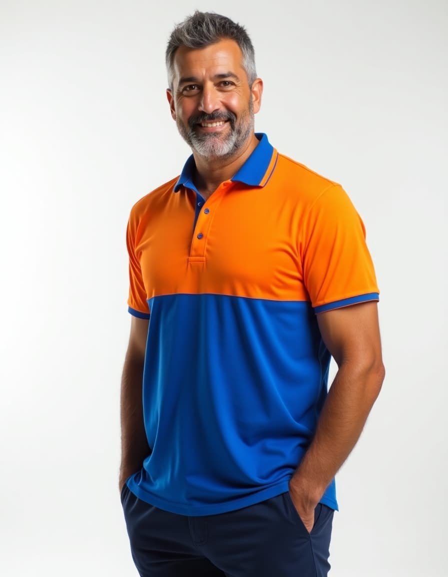 A model wearing a color-block polo shirt with orange upper half and blue lower half against a white background