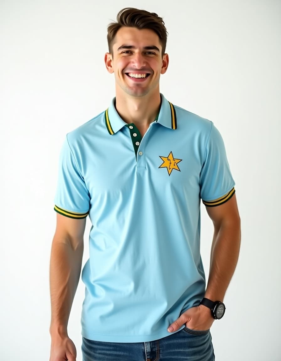 A model wearing a light blue polo shirt with black and yellow striped trim and a yellow star logo against a white background