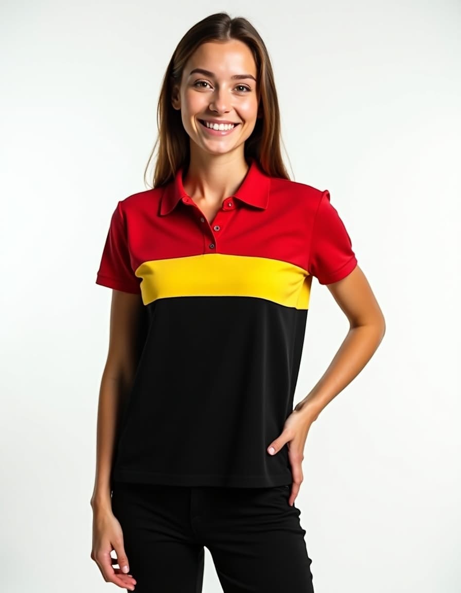 A model wearing a color-block polo shirt with red upper section, yellow middle stripe, and black lower section against a white background