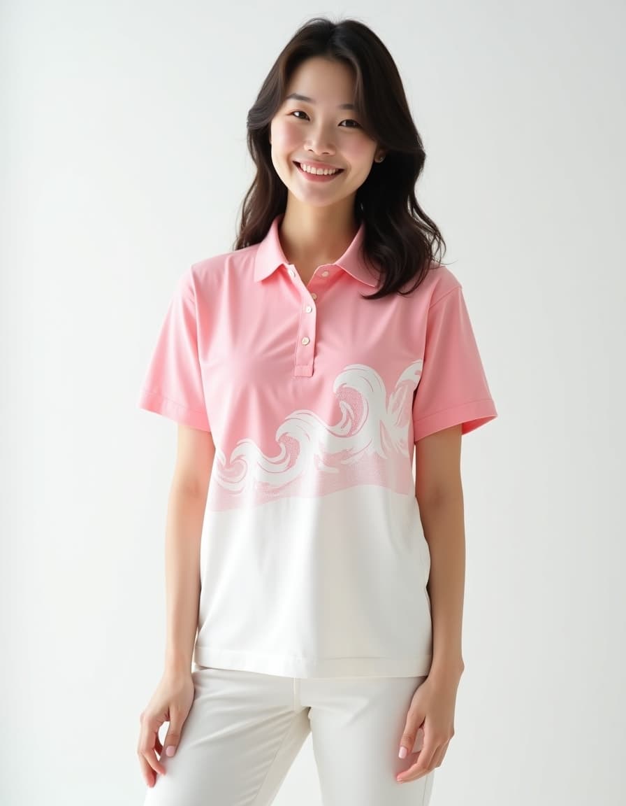 A model wearing a pink and white color-block polo shirt with decorative wave pattern design against a white background