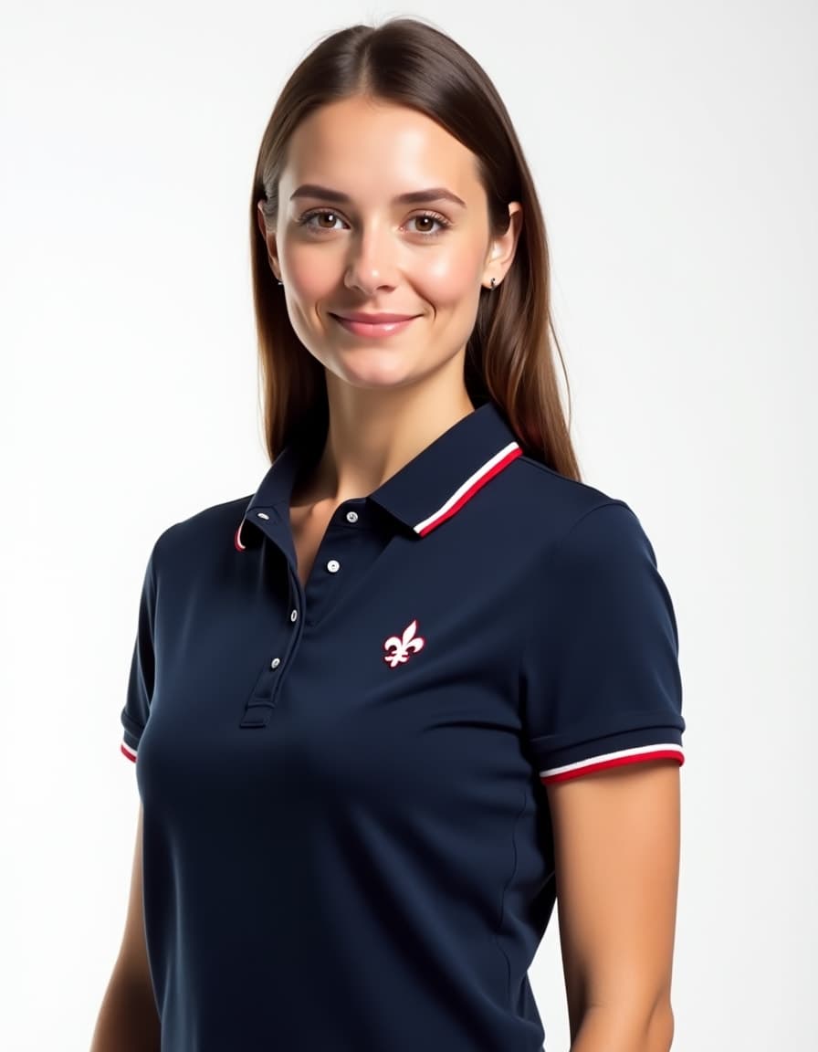 A model wearing a navy blue polo shirt with red and white striped trim and a fleur-de-lis logo against a white background