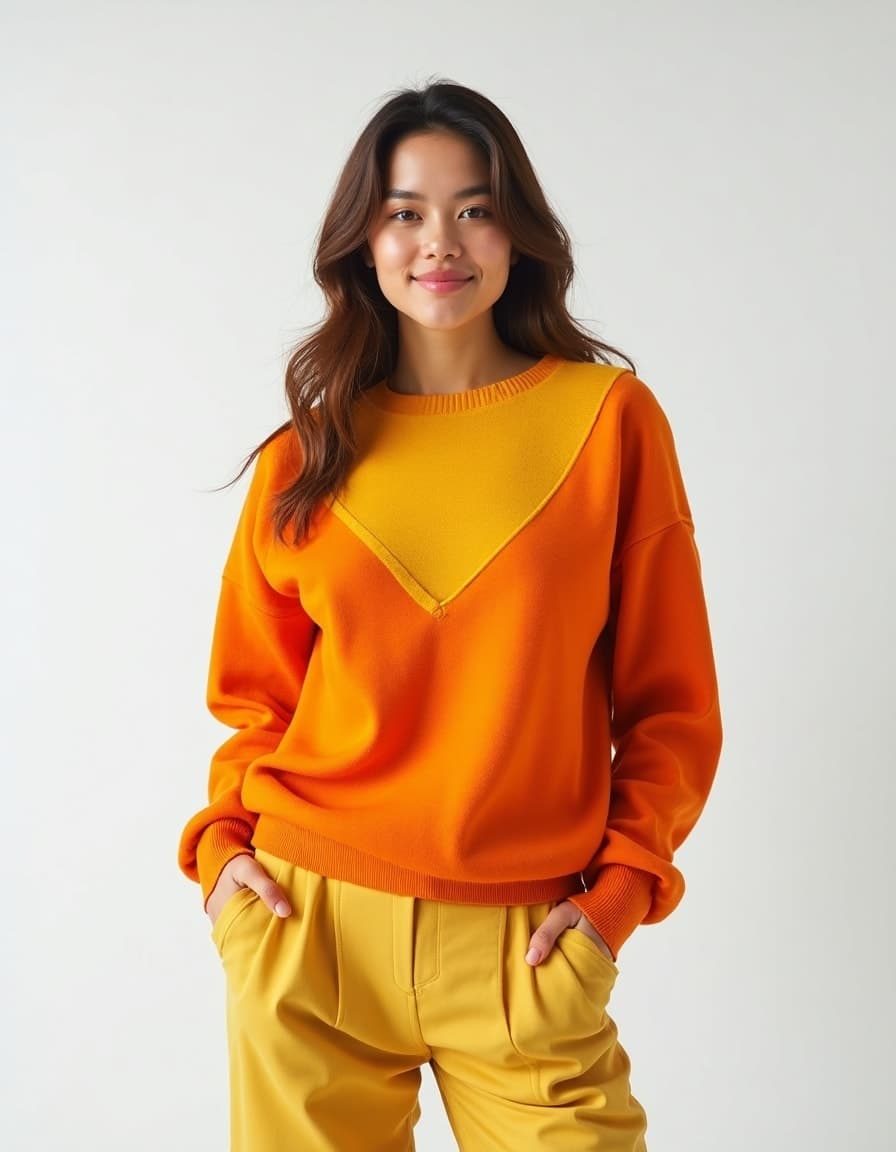 A model wearing a rust-colored chunky knit sweater with cable patterns