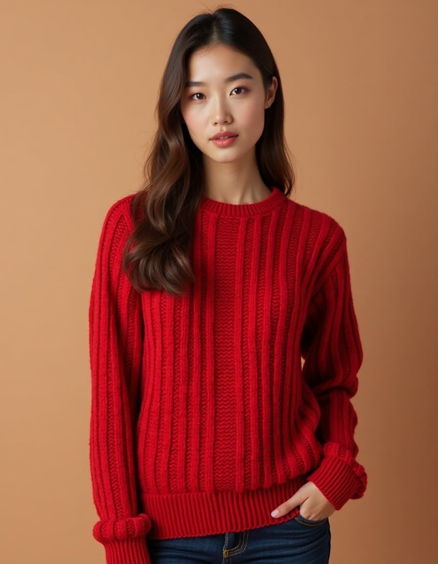 A model wearing a grey cashmere sweater with subtle stripe pattern