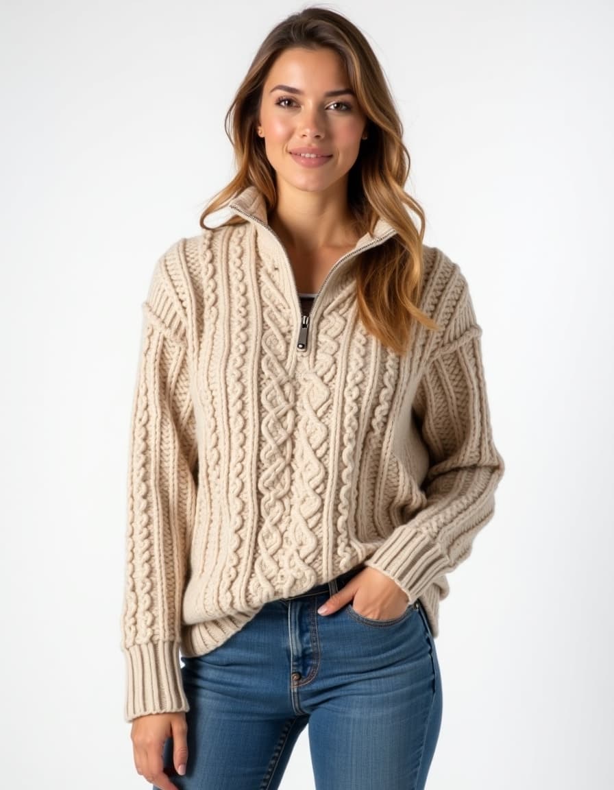 A model wearing a cream cable knit sweater with intricate pattern design