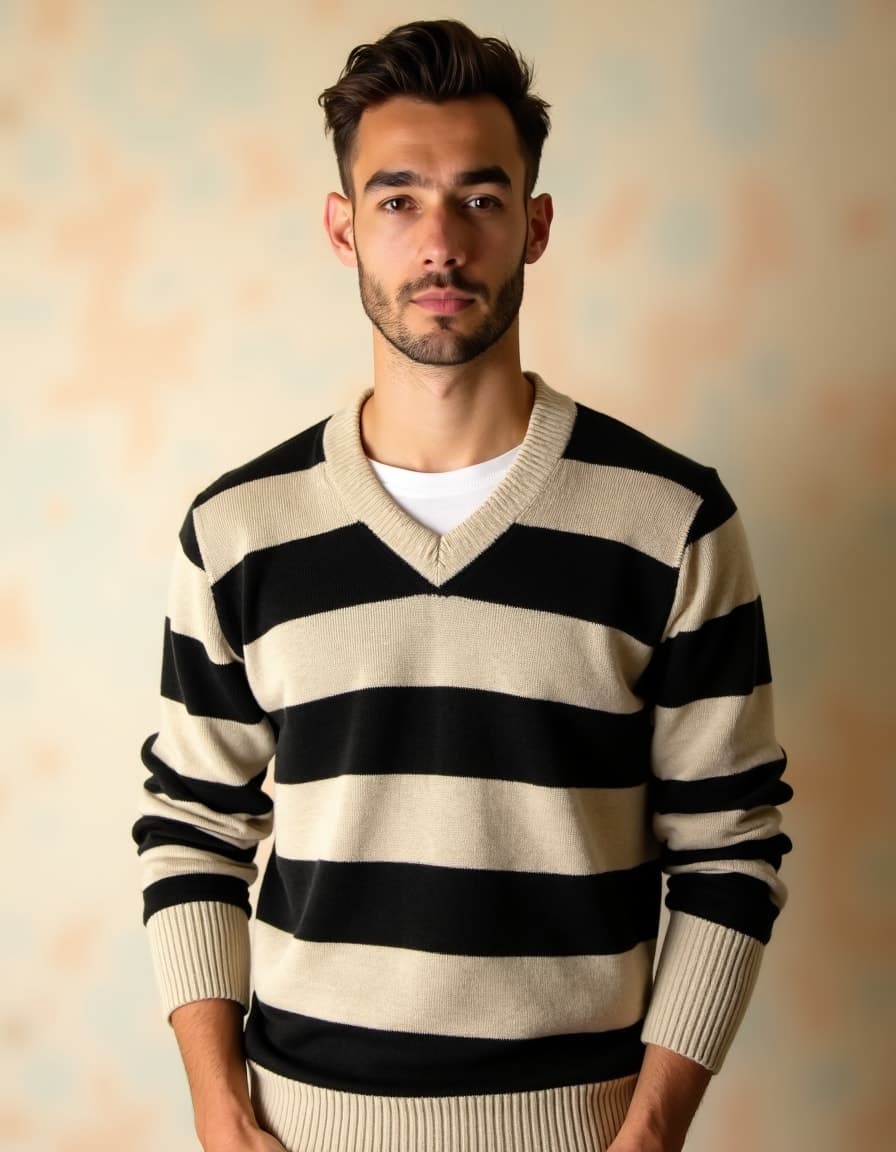 A model wearing a black and white color block sweater with geometric patterns