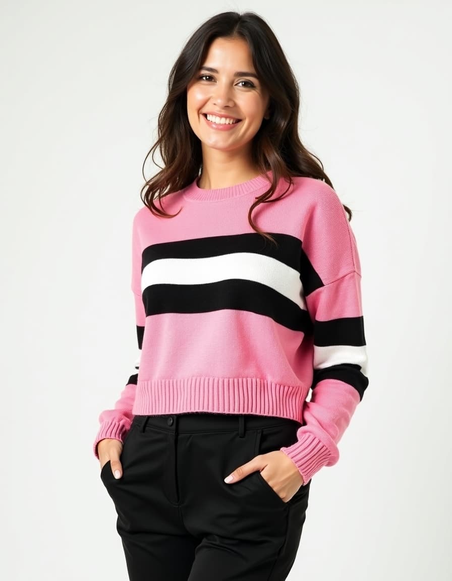 A model wearing a navy blue sweater with white snowflake pattern design