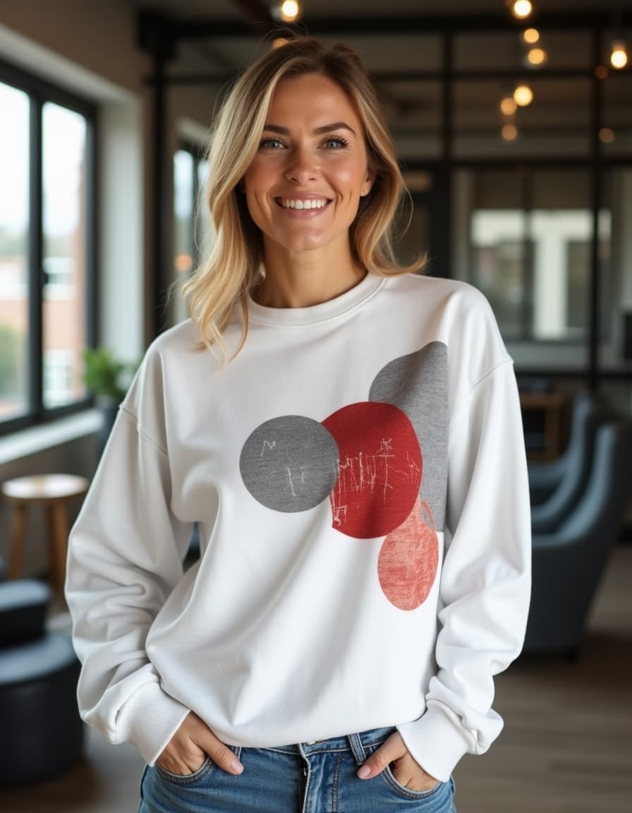 A model wearing a white sweatshirt with minimalist line art design, paired with blue jeans in an industrial-style setting with pendant lighting.