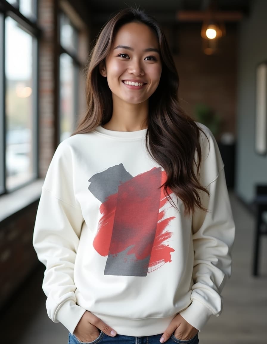 A model wearing a white sweatshirt with grey and red abstract brush stroke design, paired with blue jeans in an industrial-style setting with large windows.