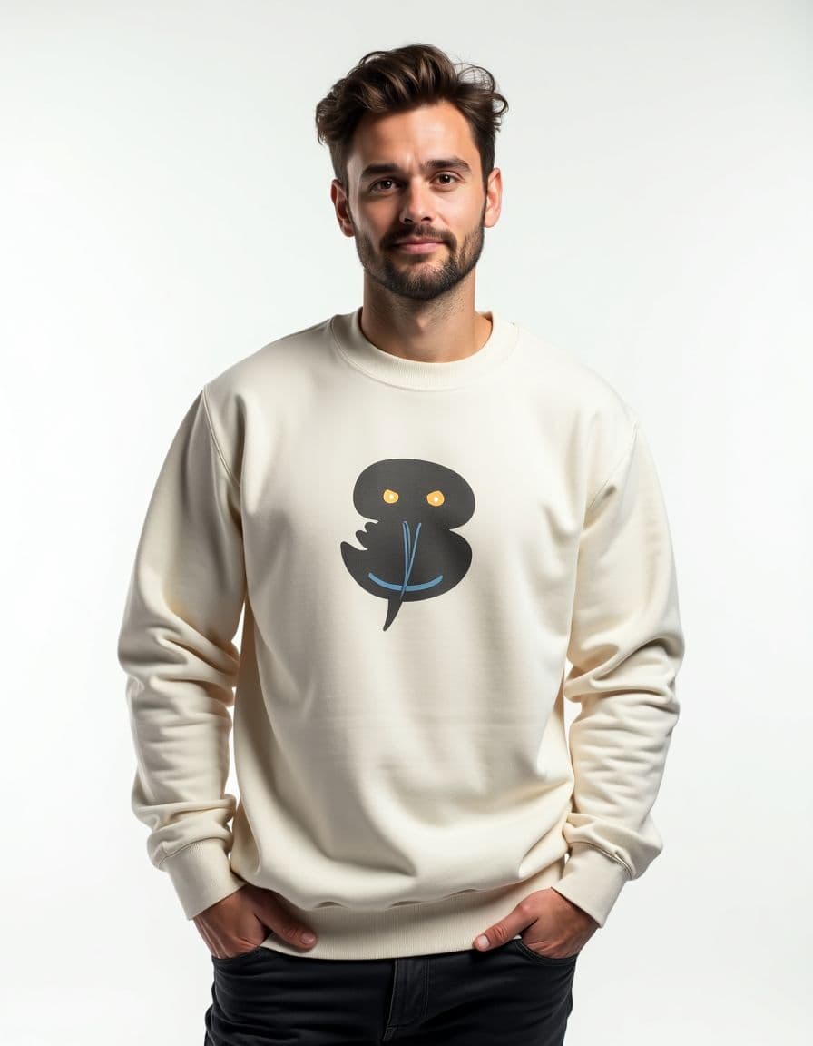 A model wearing a white sweatshirt with minimalist line art design, paired with black jeans against a white background.