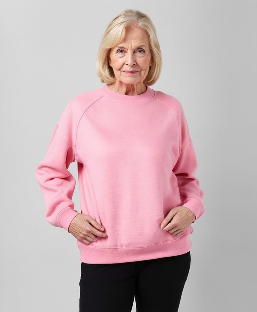 A model wearing a pink crewneck sweatshirt paired with black pants against a grey background.