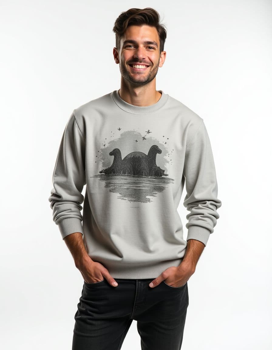 A model wearing a light grey sweatshirt with a Loch Ness monster design, paired with black jeans against a white background.