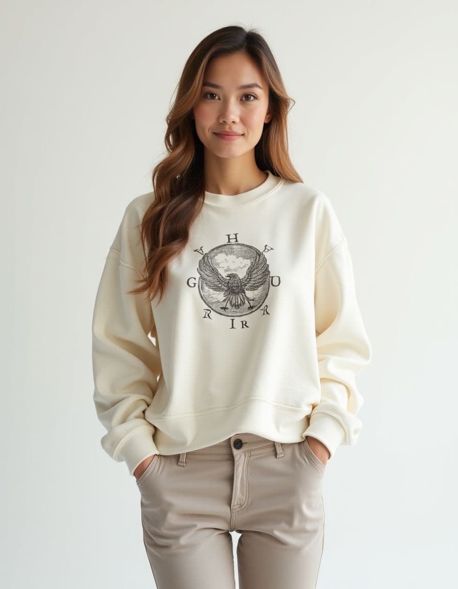 A model wearing a white sweatshirt with a circular eagle emblem design, paired with beige pants against a white background.