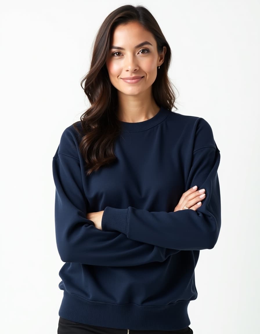 A model wearing a navy blue crewneck sweatshirt paired with black pants, standing with arms crossed against a white background with a warm smile.