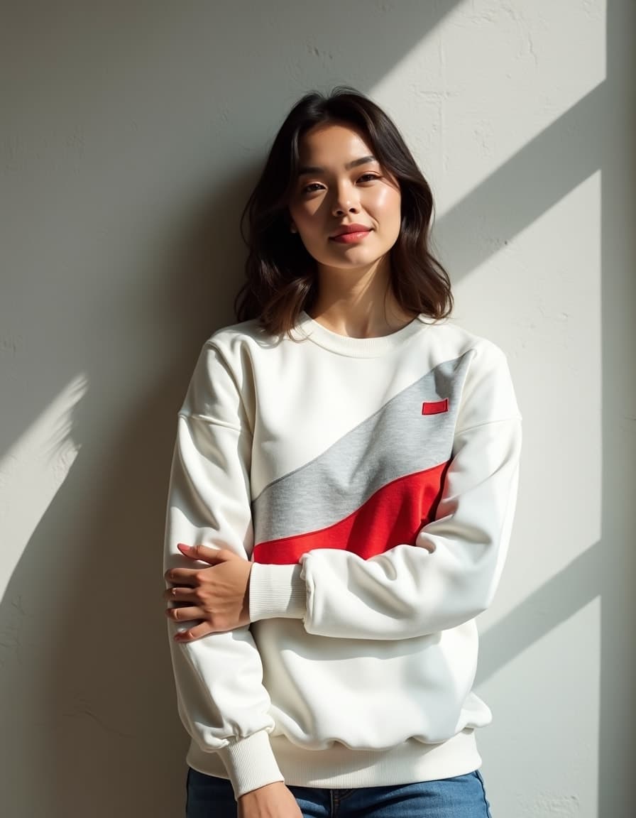 A model wearing a white sweatshirt with diagonal grey and red stripes, paired with blue jeans against a wall with dramatic window lighting.