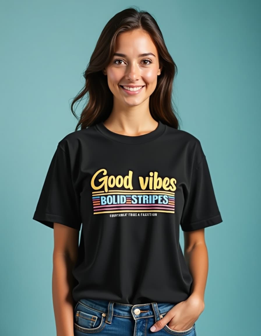 A model wearing a black t-shirt with colorful retro-style text design reading "Good vibes" against a turquoise background