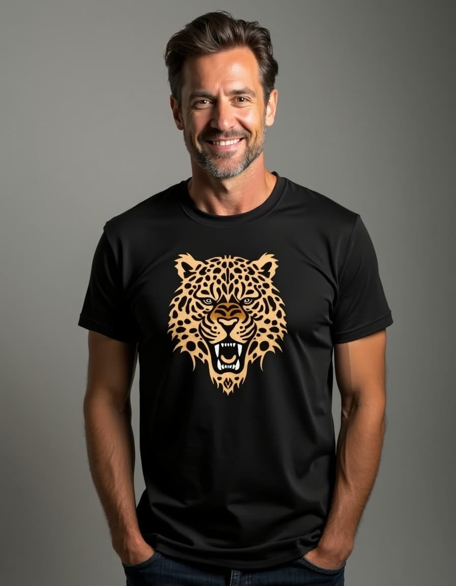 A model wearing a black t-shirt with a gold tribal-style leopard face design