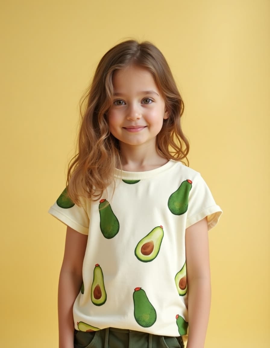 A model wearing a cream t-shirt with a playful pattern of green avocado illustrations against a yellow background