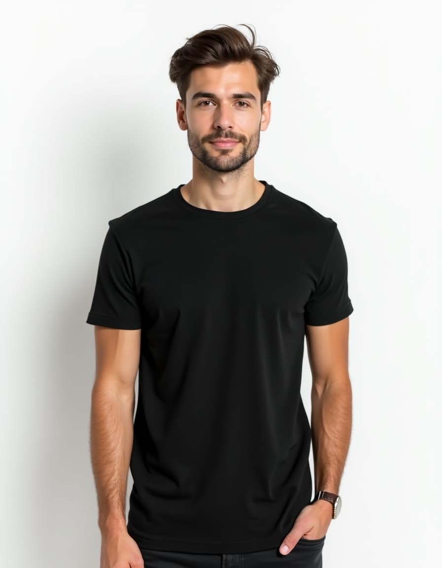 A model wearing a plain black crew neck t-shirt against a white background