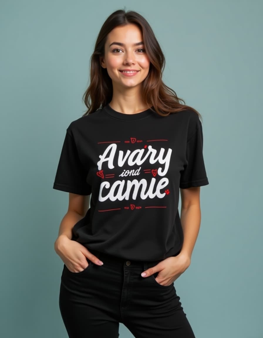 A model wearing a black t-shirt with white and red text design against a blue-gray background"