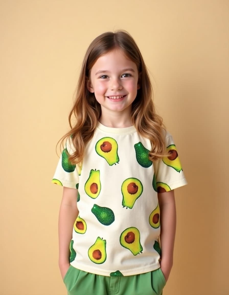 A model wearing a cream t-shirt with a playful pattern of green avocado illustrations against a yellow background