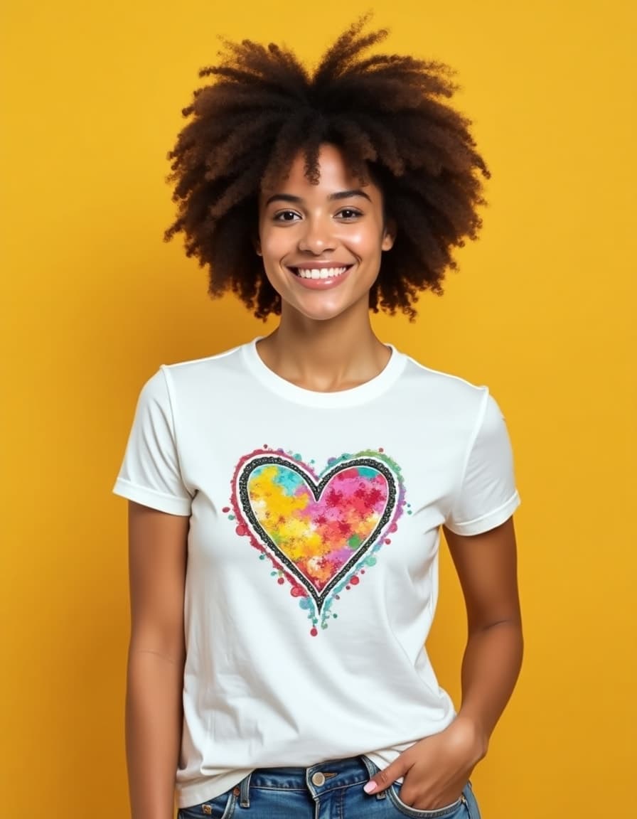 A model wearing a white t-shirt featuring a watercolor-style heart design in rainbow colors against a yellow background 