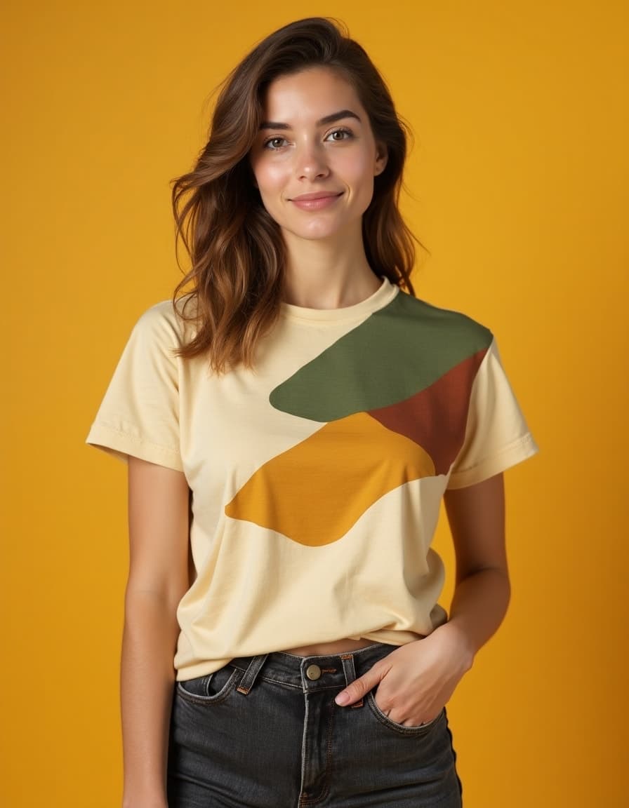 A model wearing a cream t-shirt with abstract geometric shapes in olive green, brown and mustard yellow against a yellow background