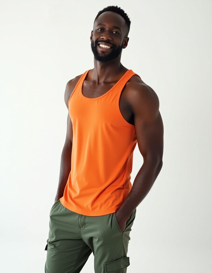 A model wearing a bright orange tank top paired with olive green cargo pants, standing against a white background with a warm smile.