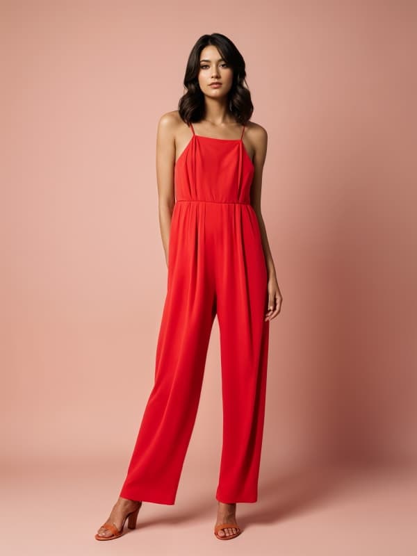 A woman in a red strappy jumpsuit