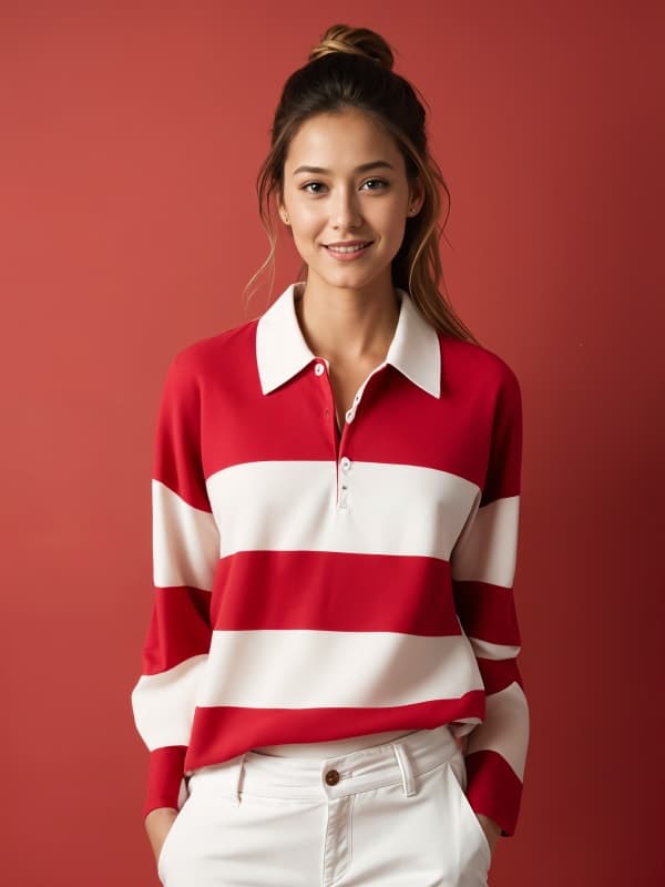 A woman in a red striped polo