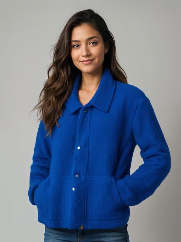 A woman in a royal blue sherpa jacket