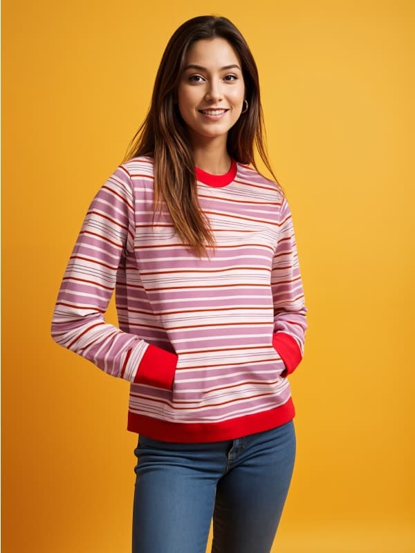 A woman in a red striped sweatshirt