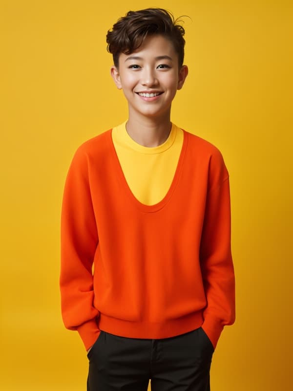 A kid in an orange layered sweater