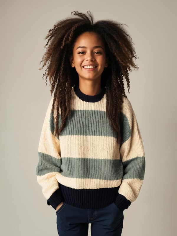 A kid in a striped knit sweater