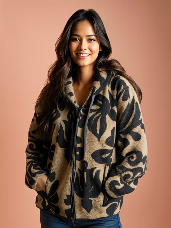 A woman in a floral sherpa hoodie