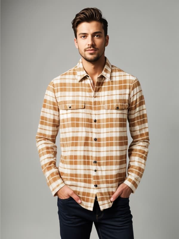 A man in a brown plaid flannel shirt