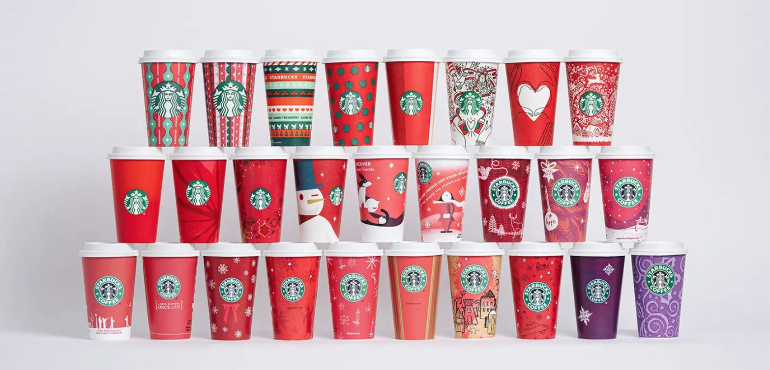 Starbucks Christmas cups showing how a simple idea can create holiday engagement.