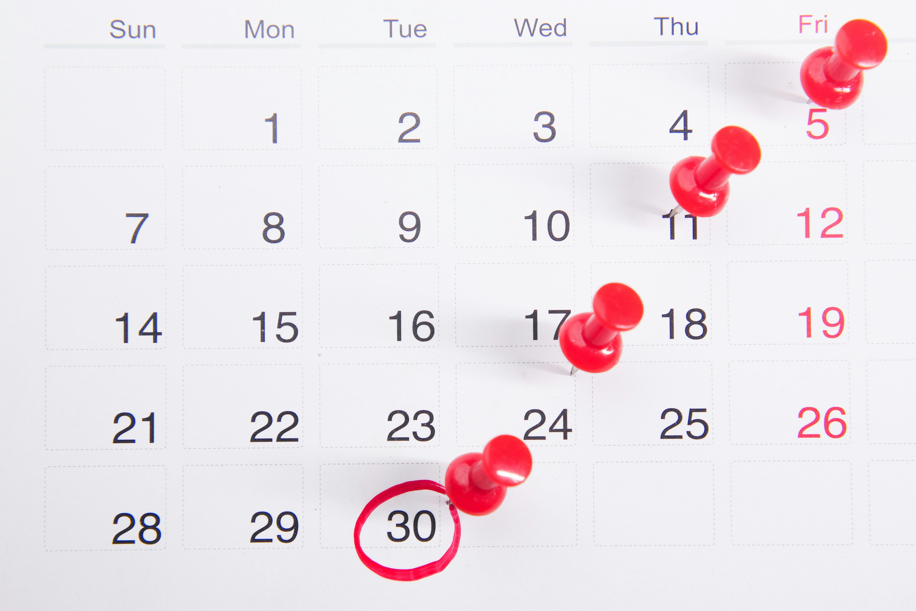 Marked calendar showing important dates