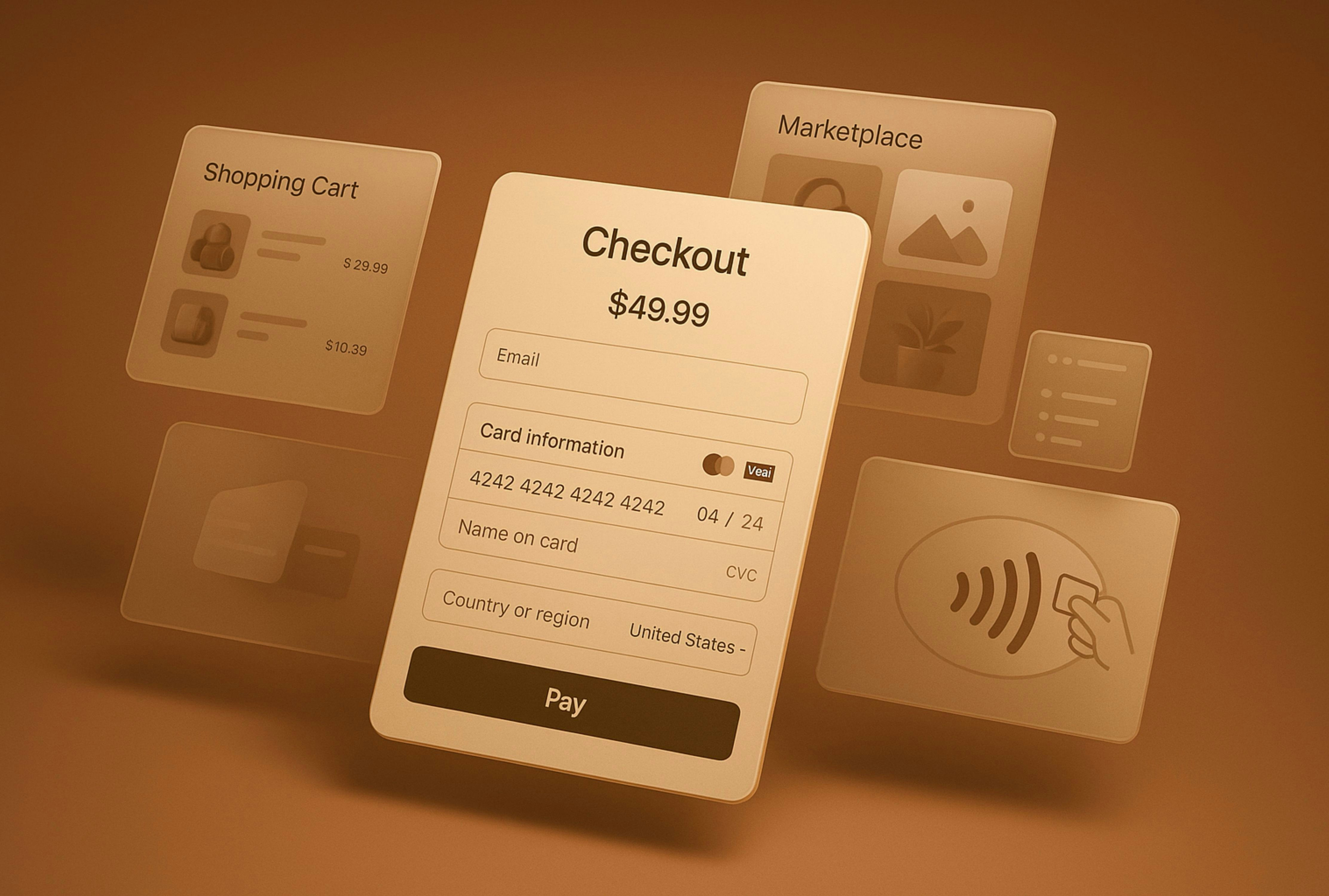 Ecommerce checkout screen with cart and payment information.