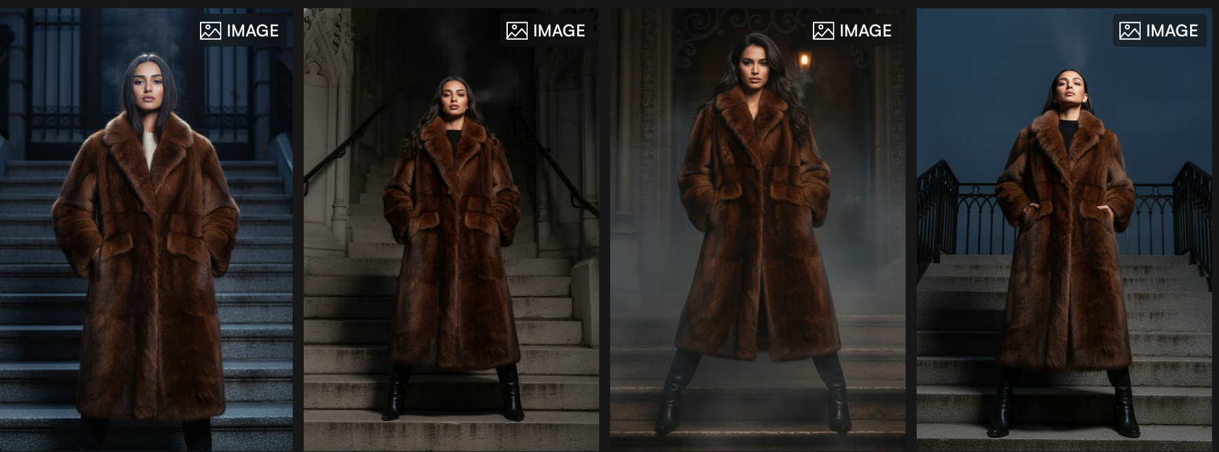 Outfit-generated visuals showing winter coat styling.